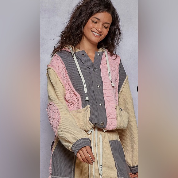 POL Exposed Seam Button Down Hooded Womens Jacket Lace